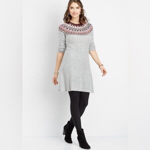 Maurices Fairisle Sweater Dress Size 0 (14) PTP 21” Cozy Winter Gray Burgundy
